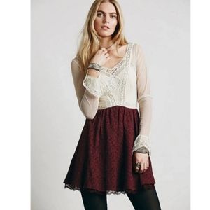 FREE PEOPLE Victorian Lace Mini Dress Gothic Costume Burgundy Ivory 2 Halloween
